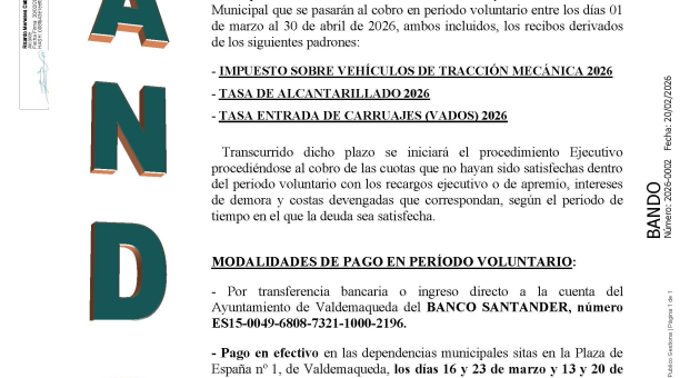 Bando: anuncio recaudación municipal Tasa Alcantarillado, Vados e IVTM 2026